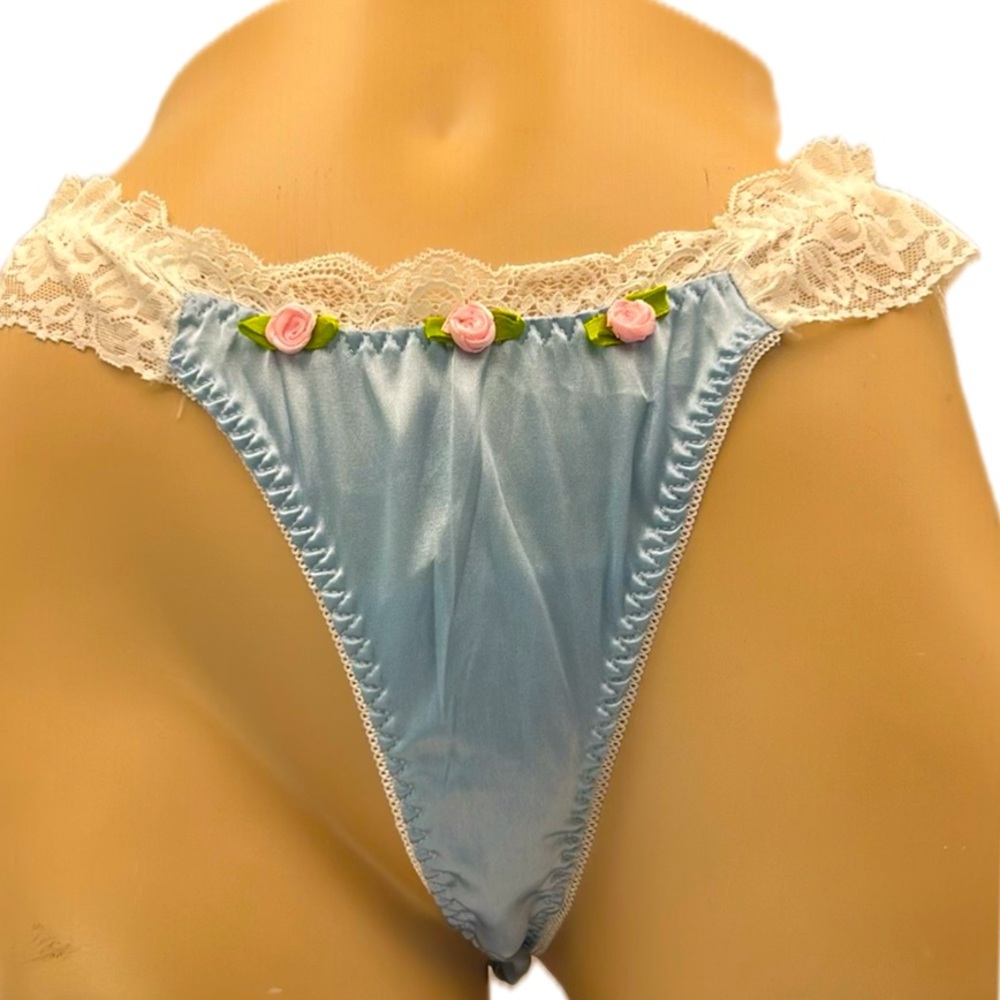Coquette Girlie Blue Silky Satin Lace & Rosette Trim Feminine Thong Panties NWT - Picture 5 of 15